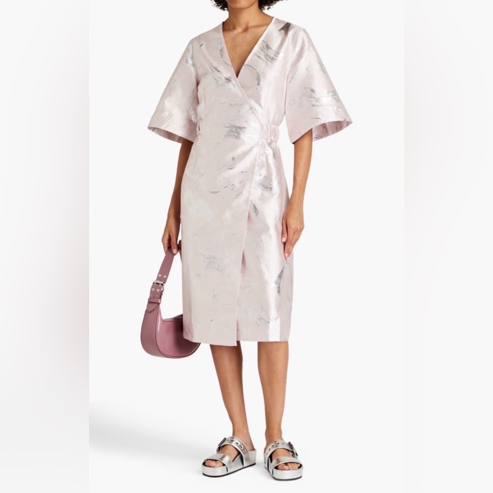 Nwt Ganni Metallic Jacquard Wrap Dress Pale Lilac Color Sz Eu 40